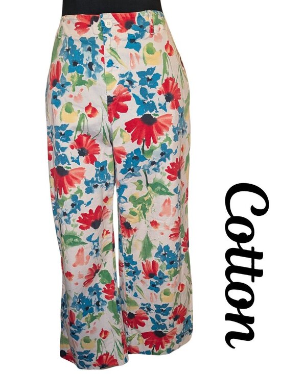 Evan Picone Pants - Evan-Picone Floral High-Waisted Wide-Leg Cotton Stretch Trousers